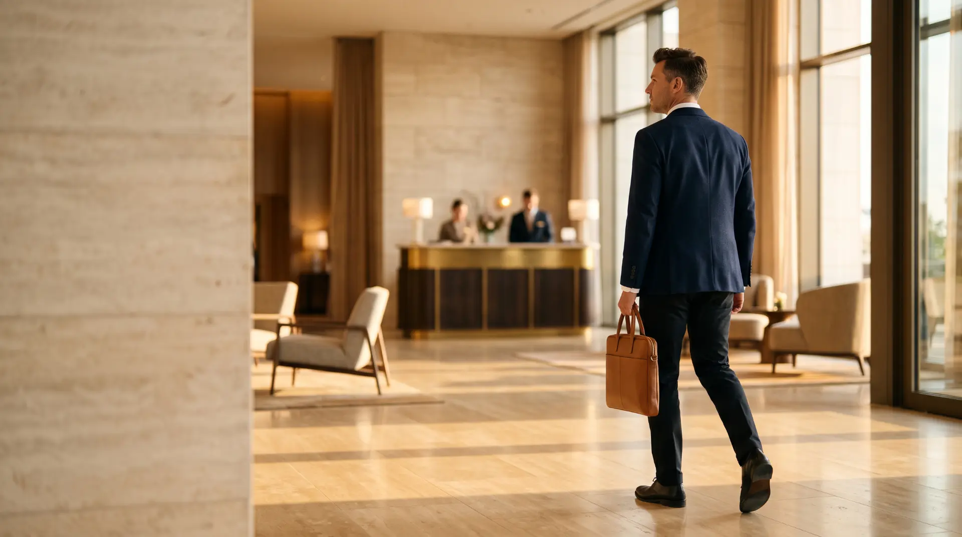 Executive walking through a hotel lobby with a leather bag