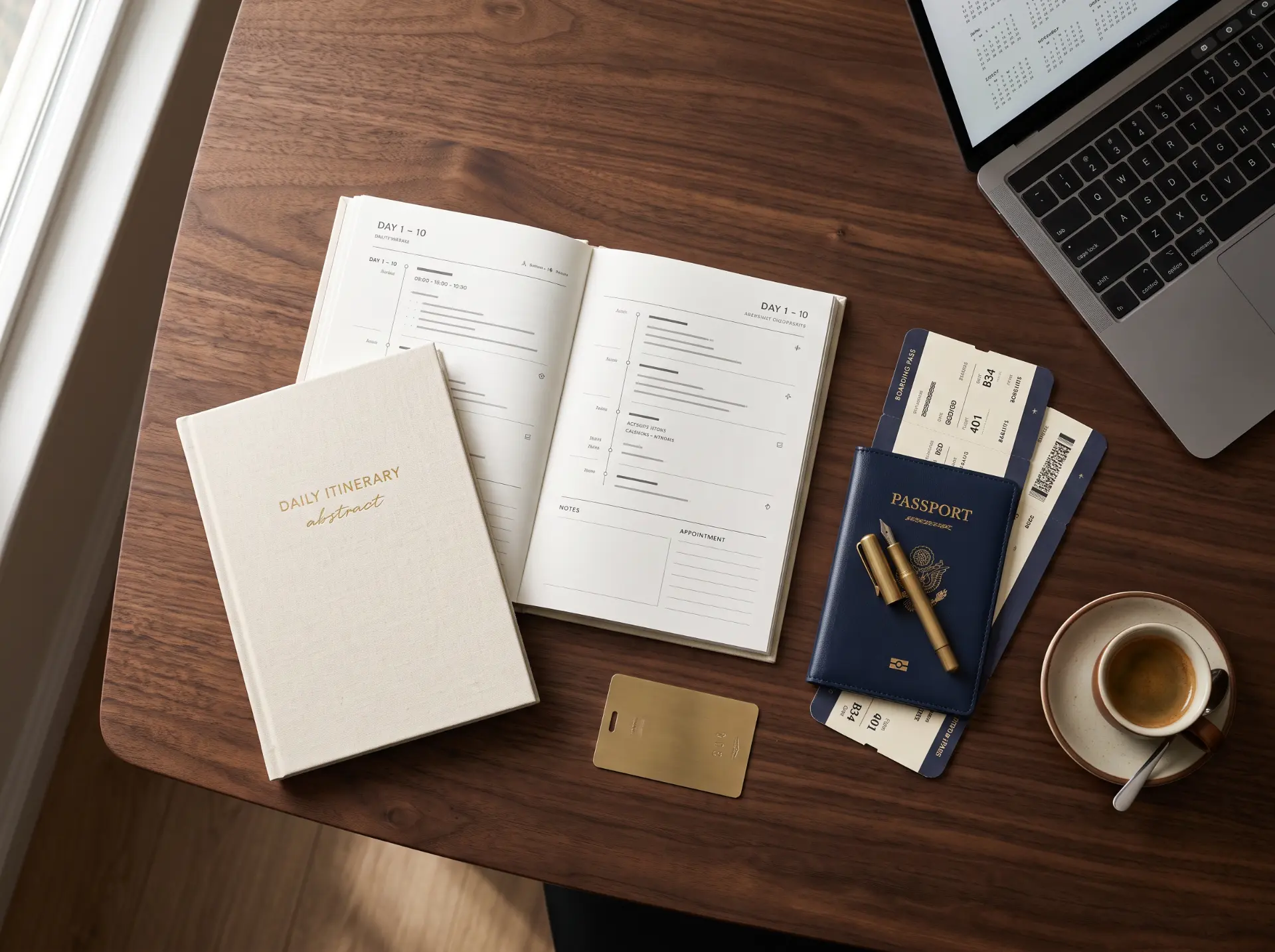 Sample daily itinerary book with passport and boarding passes