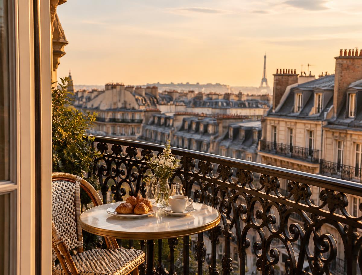 Parisian balcony breakfast overlooking the rooftops at sunrise