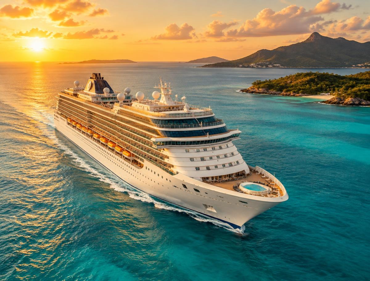 Cruise ship sailing through turquoise water at golden hour