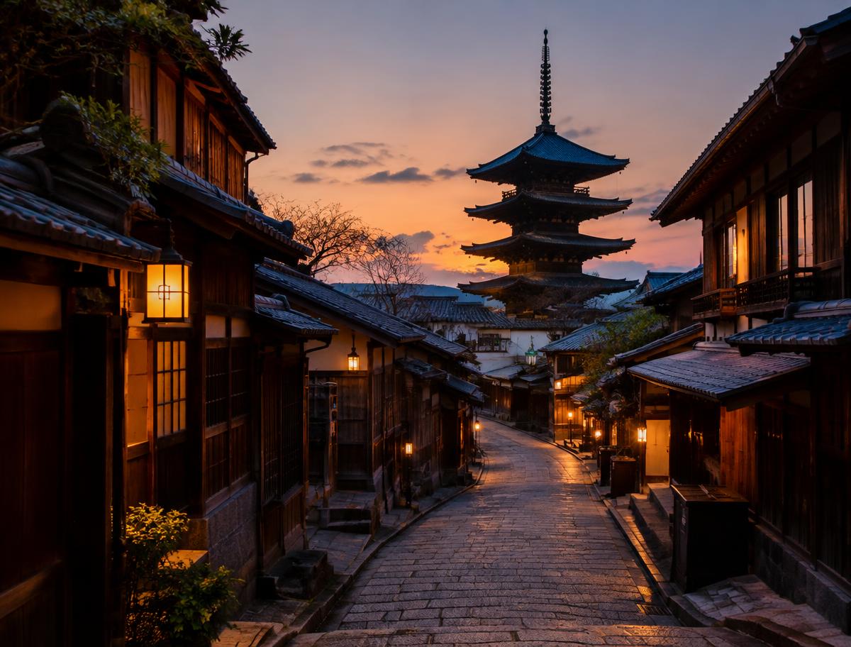 Traditional Kyoto street at dusk with a pagoda in the distance