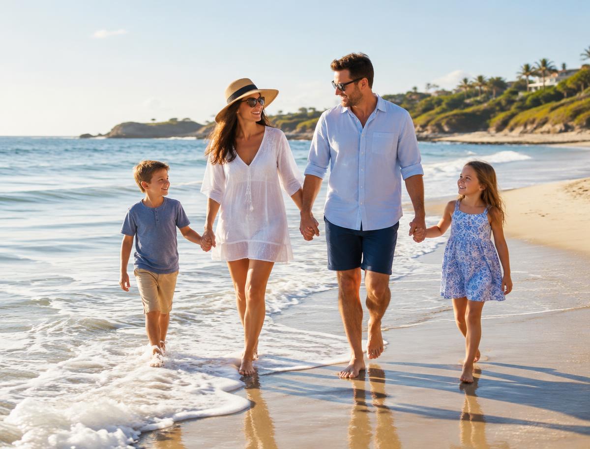 Family walking together along a sunny beach