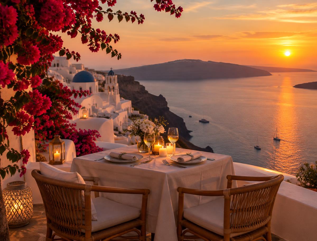 Candlelit dinner for two overlooking the Santorini caldera at sunset