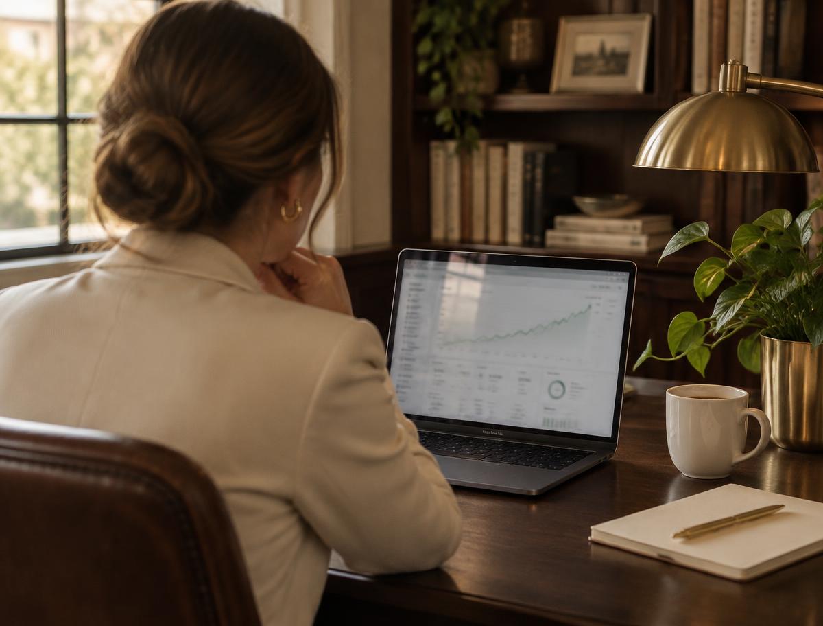 Planner at a desk reviewing rising business results on a laptop